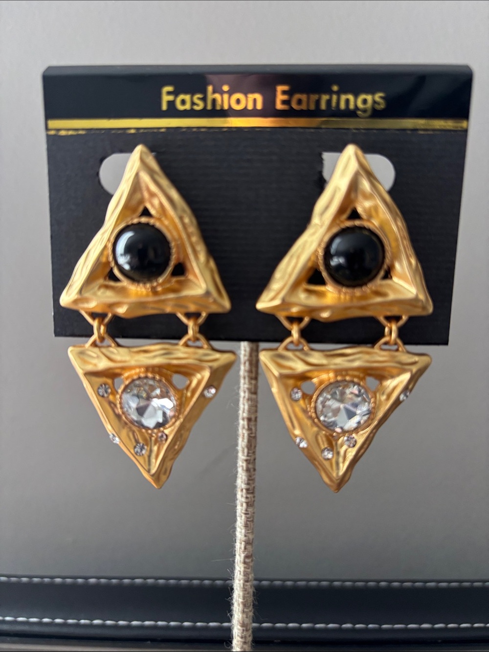 Dead Stock Gold and Black Triangle Drop Earrings with Clear Stones post back